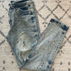 Karter Collection Men’s Distressed and Paint   Skinny Jeans- SZ 36